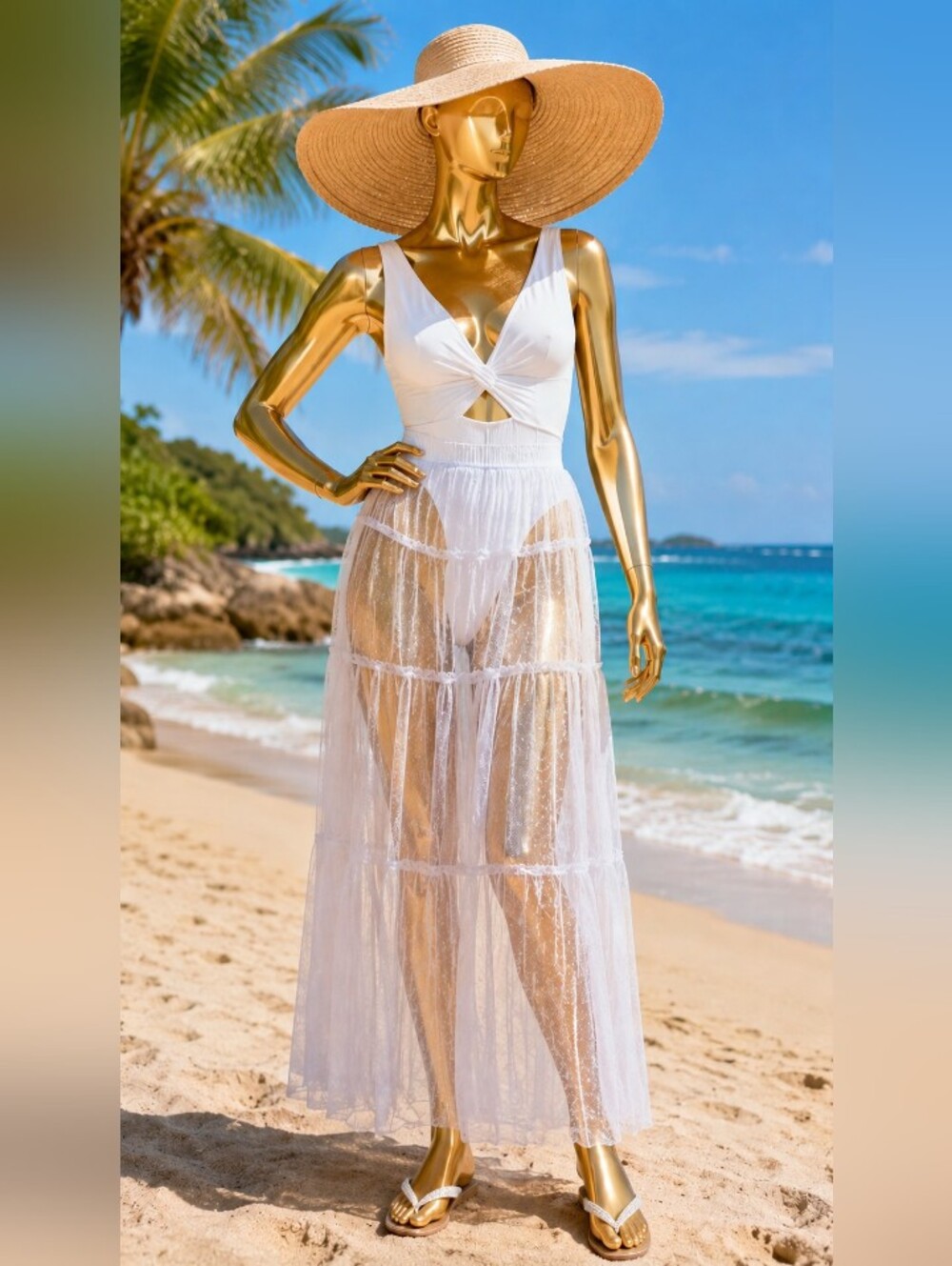 White Sheer Maxi Beach Cover-Up Polka Dot Full Length Skirt 🤍